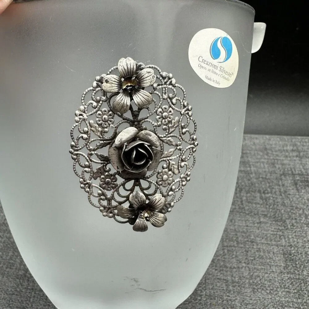 Arte Murano Silvestri Ice Bucket Frosted Glass Metal Rose Pattern Italy Vintage